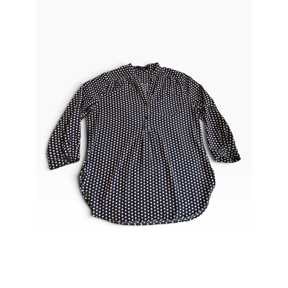 Fun 2 Fun Blouse Womens XL Blue Geometric Diamond 3/4 Sleeve Popover